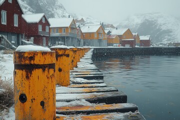 Row of yellow poles near the shore, great for beach or lake scenes
