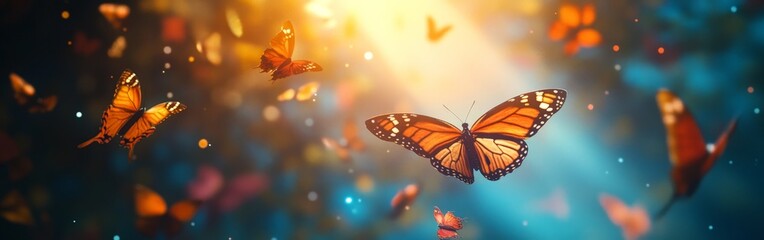 Fototapeta premium Butterflies Soaring Through Light Rays