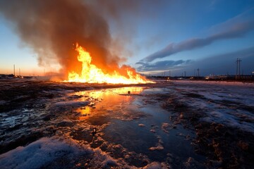 Fototapeta premium Bright flames erupt over a wet, muddy surface under a striking blue sky, creating a vivid juxtaposition of fire and water, evoking feelings of tension and conflict.