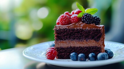 A mouthwatering slice of rich chocolate cake with glossy ganache and fresh berries on top, presented on a decorative plate.