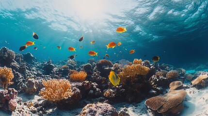 Naklejka premium Colorful tropical fishes on a coral reef in a panoramic marine landscape, perfect for wildlife, nature, snorkeling, and oceanarium designs.