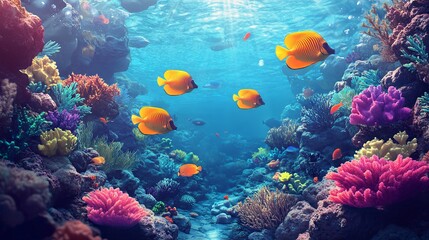 Naklejka premium Colorful tropical fishes on a coral reef in a panoramic marine landscape, perfect for wildlife, nature, snorkeling, and oceanarium designs.