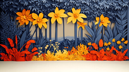 Tropical floral in paper art style and pastel color tropical green leaf paper cut concept design