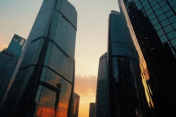 A group of tall buildings in a city at sunset, great for use as a background or for illustrations on architecture and urban planning