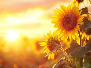 Obraz premium Sunflowers at sunset, bathed in warm, golden light, a vibrant display of nature's beauty.