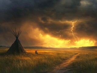 Dramatic landscape with a teepee silhouetted against a stormy sunset with lightning strikes.