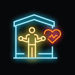 Neon sign of a man working out at home lifting weights with a heartbeat icon, concept of home workout for healthy lifestyle