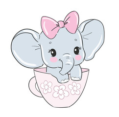 Hand Drawn cute elephant is sitting in a cup vector illustration