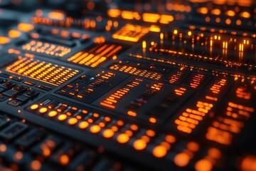 Obraz premium Close up shot of a circuit board with orange lights, suitable for technology and electronics related projects