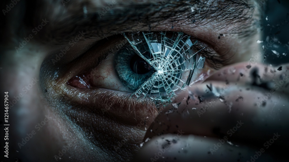 Poster shattered identity through sorrowful reflection emotional scene close-up dark environment profound c