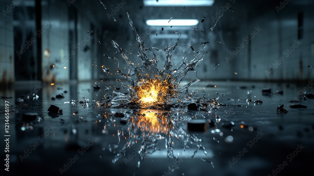 Poster Explosion of light shattering silence abandoned hallway action scene dark environment dramatic perspective chaos unleashed