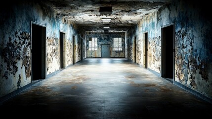 Exhalation of darkness engulfs abandoned hallway urban decay atmosphere interior wide angle evocative art