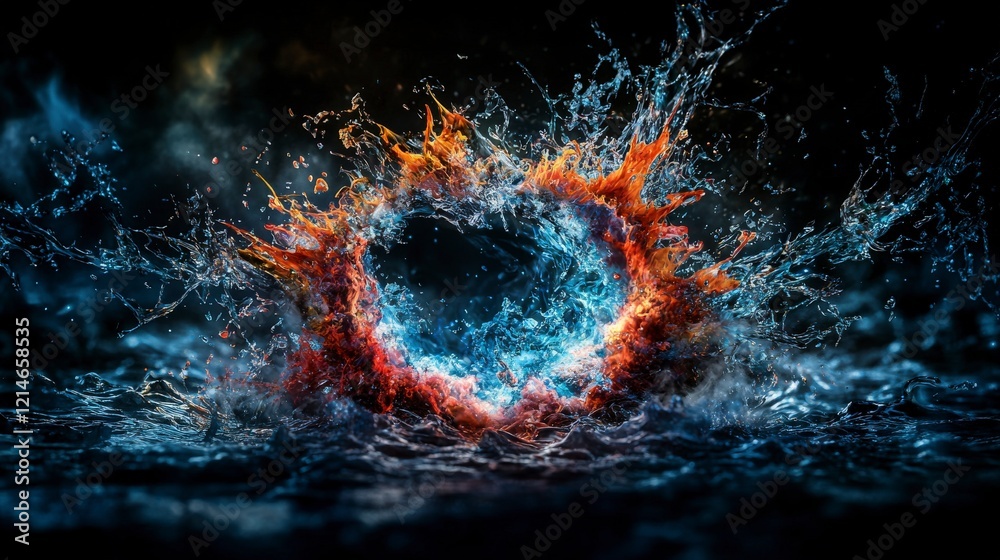 Poster Dynamic heart of fire and water abstract art digital creation dark environment close-up view emotions unleashed