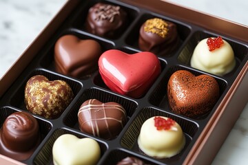 A box of assorted chocolates sitting on a table, perfect for a gift or dessert