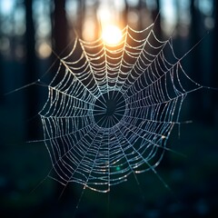 Naklejka premium Glowing Beads Morning Dew on Spider Web in Forest
