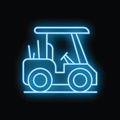 Blue neon icon of a golf car glowing on a black background