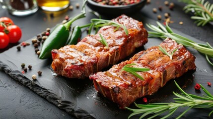 Deliciously grilled meat served on a rustic slate plate with fresh herbs and spices