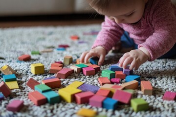 Fototapeta premium A young child plays and learns on the floor with colorful wooden blocks