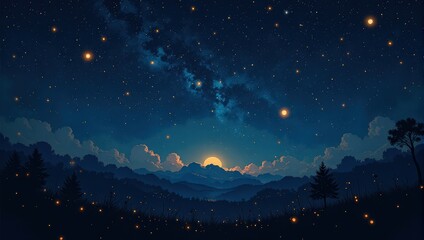 Fototapeta premium A breathtaking night vista reveals a deep-blue sky dominated by a central moon, casting its glow over silhouetted mountain peaks, creating an ethereal landscape bathed in lunar light