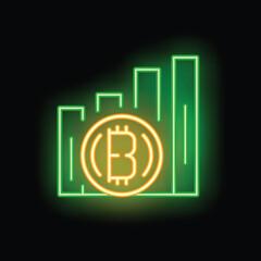 Neon bitcoin cryptocurrency growing up chart icon glowing on a black background