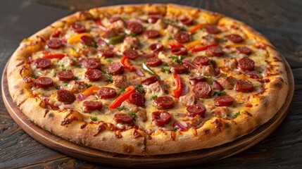 Deliciously topped pizza with pepperoni, vegetables, and melted cheese on a wooden table