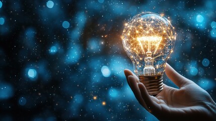 Hand holding light bulb and cog inside and innovation icon network connection on brain background