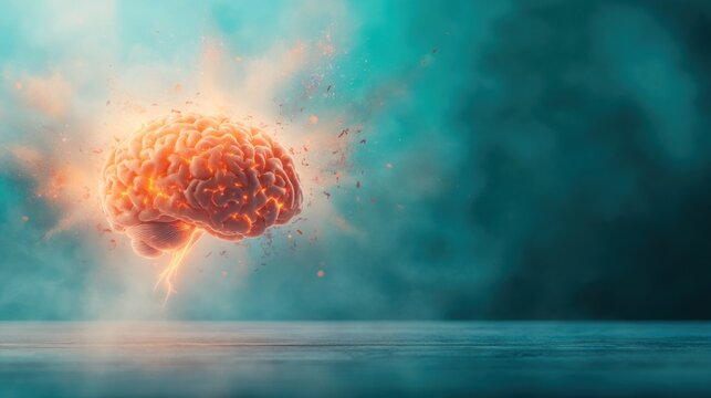 Explosive brain visualization abstract concept digital surreal environment close-up view neuroimaging impact