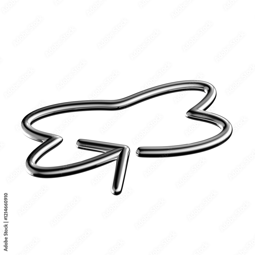 Poster metallic wriggle line arrow turn around 3d shape isolated. futuristic chrome 360 degree rotation arr