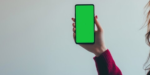 Elegant hand holding smartphone with blank green display