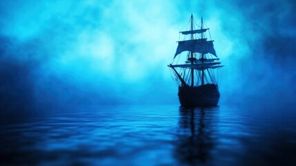 Fototapeta premium Mysterious Sailing Ship in a Blue Twilight