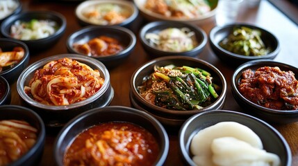 Vibrant kimchi in a clear jar, served alongside traditional Korean side dishes on a wooden dining table