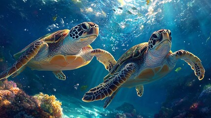 Fototapeta premium Serene underwater view of Japanese sea turtles swimming close to the ocean floor, evoking tranquility and marine beauty, perfect for wildlife and nature designs.
