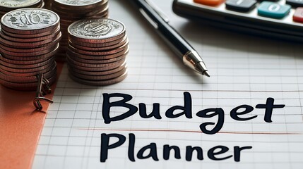 Budget Planner: A Close-Up Shot of Coins, Calculator, and Pen on a Budget Planner Notebook