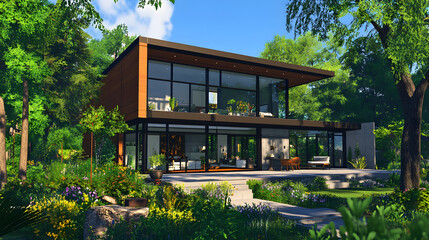 A modern home with sharp lines and large windows, surrounded by greenery.