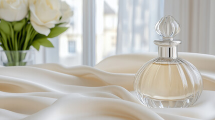 Luxury perfume, A sparkling crystal perfume bottle elegantly displayed on a surface, captured in high fidelity, perfect for beauty and fragrance promotions.