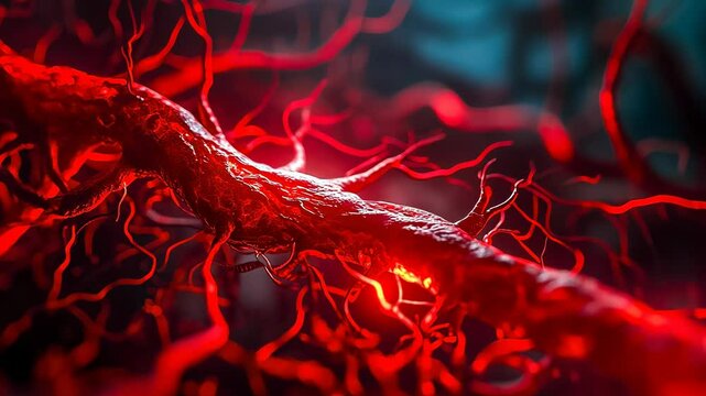 Glowing red fibers weave darkness.Vivid abstract void.Intricate network highlighted.structures intensely.Visual representation biological paths.Life,flow,connectivity,and energy.