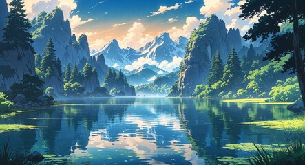 Hyperdetailed dreamlike lake artistry cinematic on anime background