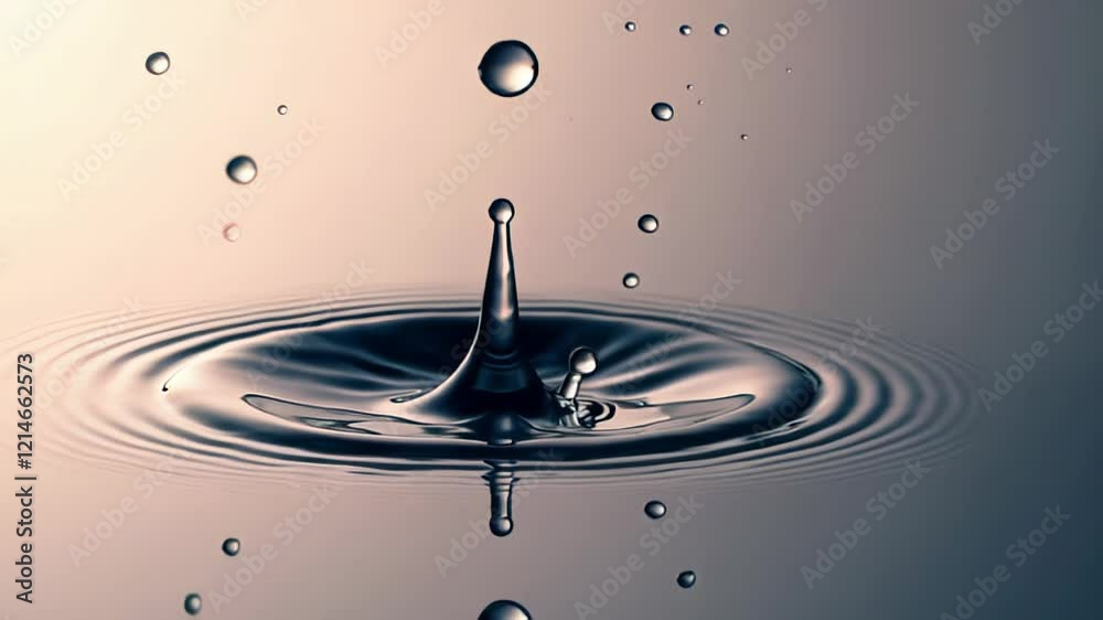 Poster single water drop creating concentric ripples and a gentle splash on a calm liquid surface, compleme