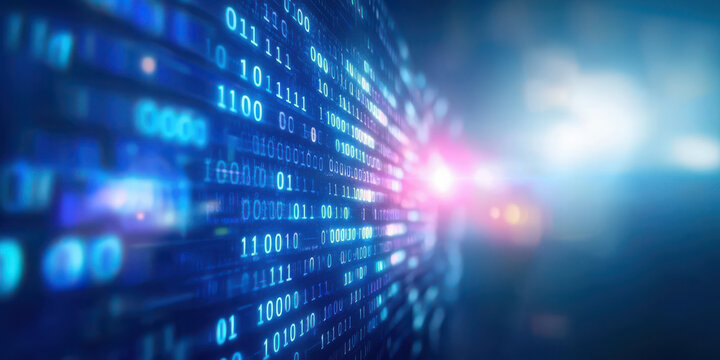 Digital data streams with binary code and glowing lights create futuristic atmosphere
