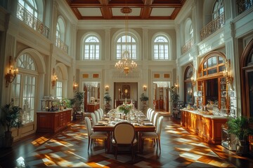 A spacious dining room with plenty of natural light from large windows