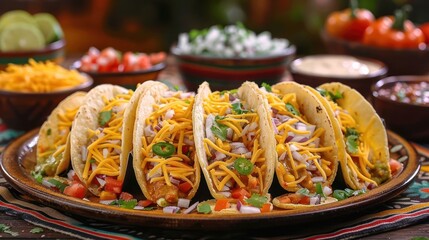 Deliciously arranged tacos with vibrant toppings on a wooden platter, surrounded by fresh ingredients