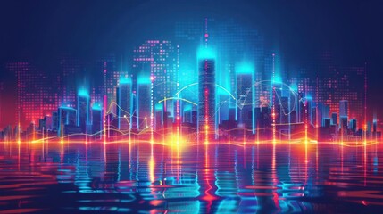 Fototapeta premium Vibrant futuristic city skyline at night with glowing lights and reflections on water