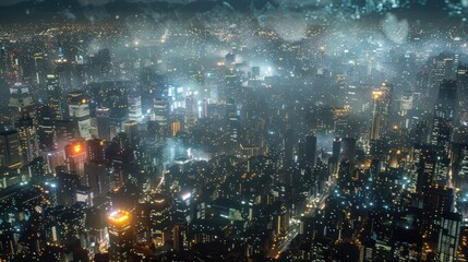 Naklejka premium Aerial view of a bustling city at night, illuminated skyscrapers amidst fog and rain, vibrant atmosphere