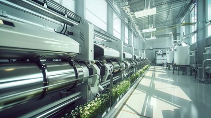 Obraz premium Modern industrial facility showcasing advanced machinery and greenery, emphasizing innovation and sustainability
