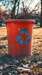 Naklejka premium Red recycling bin with a recycle symbol on the grass in a park