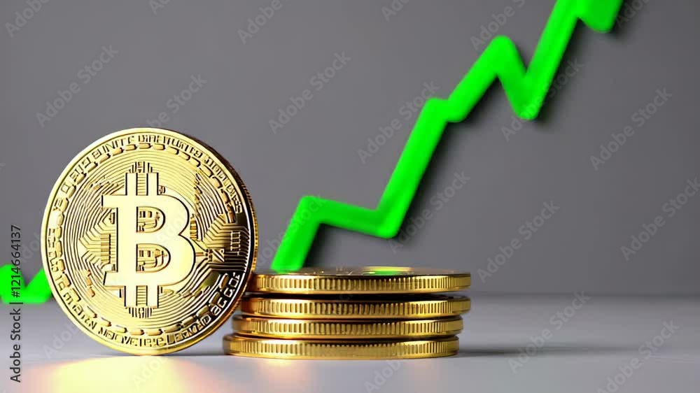 Poster bitcoin cryptocurrency experiencing a rise in value, highlighted by a positive trend represented by 