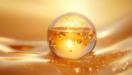 Golden sphere of skincare serum vitamin oil sits on soft elegant surface. Bubbles rise, float inside sphere reflecting light. Background smooth, blended into orange tone giving delicate look.