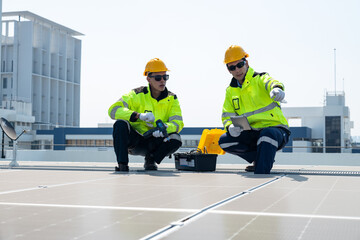 Young engineer in uniform sits on a solar farm, clean energy