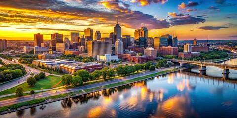Fototapeta premium St. Paul Minnesota Aerial Cityscape Sunset Reflection Mississippi River