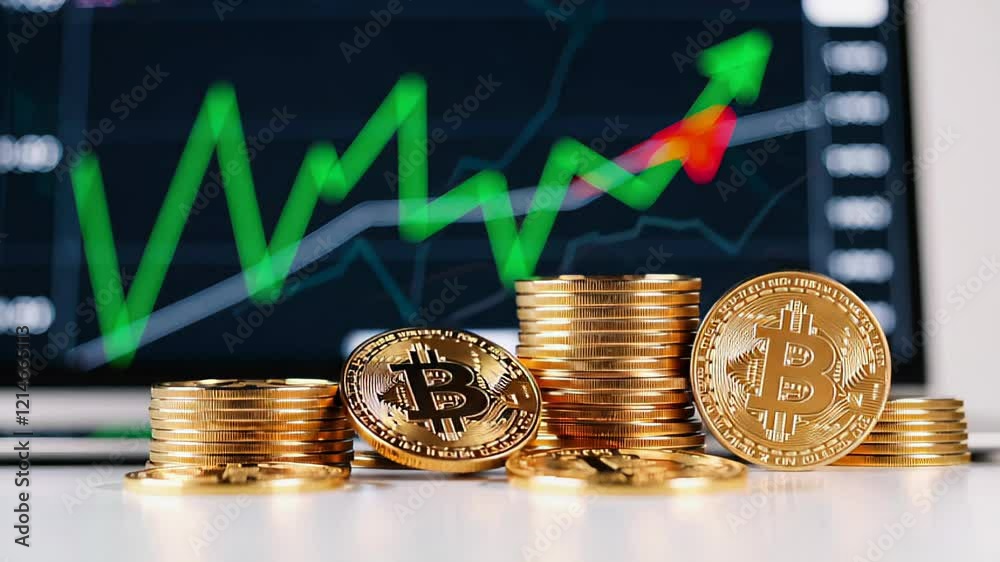 Poster stacks of gleaming gold bitcoin coins arranged alongside a green arrow and a stock market chart, ill